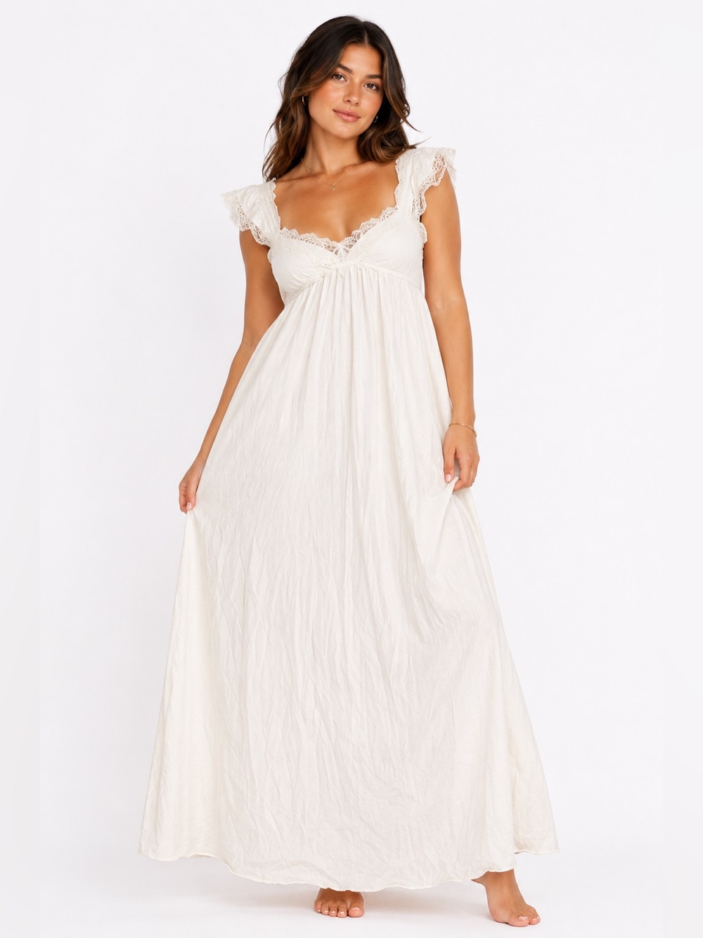 80s British Vintage BHS Silky Lace Trim Maxi Slip Nightgown (Ivory) Size M
